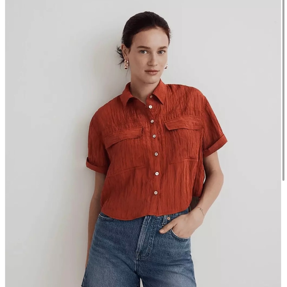Madewell Crinkled Utility Button-Up Shirt In Stained Mahogany Siz Small